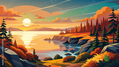 Very beautiful horizontal view of sunrise at Newport Cove, Acadia National Park, Maine, USA, featuring golden hour light illuminating the coastline, forest, and calm waters, creating a serene and real