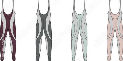 Set of technical flat sketches showing athletic wrestling singlet or unitard designs in four different color variations for sportswear concepts