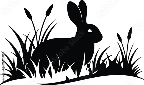 Silhouette vector rabbit hiding in grass near bulrush Illustrator