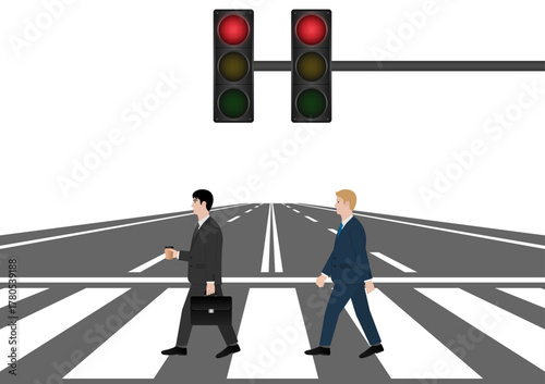 Businessman Walking across Crosswalk in the City. Crosswalk. Pedestrian Crossing Road. Zebra Crossing. Vector Illustration. 