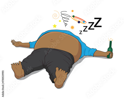 Vector illustration design of a big and fat person with a big belly who appears to be sleeping after drinking alcohol, as seen from the bottle of liquor in his left hand.