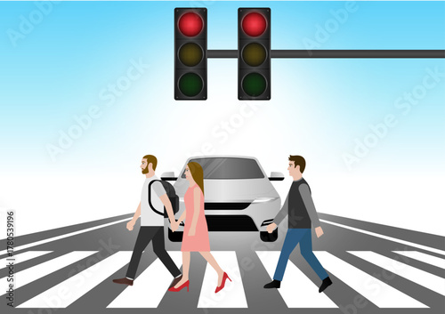 People Walking across Crosswalk in the City. Crosswalk. Pedestrian Crossing Road. Zebra Crossing. Vector Illustration. 