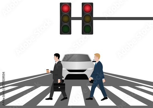 Businessman Walking across Crosswalk in the City. Crosswalk. Pedestrian Crossing Road. Zebra Crossing. Vector Illustration. 