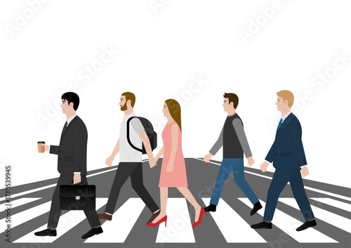 People Walking across Crosswalk in the City. Crosswalk. Pedestrian Crossing Road. Zebra Crossing. Vector Illustration. 