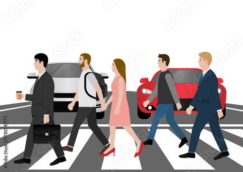 People Walking across Crosswalk in the City. Crosswalk. Pedestrian Crossing Road. Zebra Crossing. Vector Illustration. 