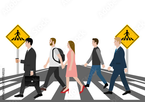People Walking across Crosswalk in the City. Crosswalk. Pedestrian Crossing Road. Zebra Crossing. Vector Illustration. 