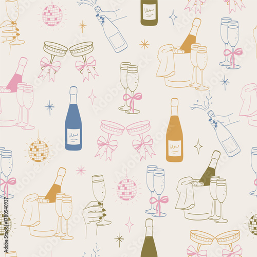 Champagne bottle glass seamless pattern. Boho pastel colored champagne wine party event wallpaper.