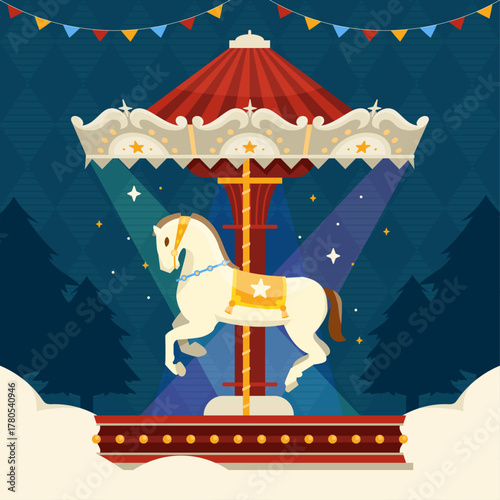 Playful Carnival Carousel in Winter Night Vector Illustration