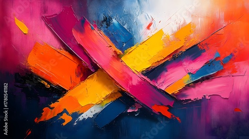 Energetic abstract painting featuring bold strokes of pink, orange, yellow, blue, and white. Thick, textured paint creates depth and movement. Ideal for modern designs. Abstract Trend Background.