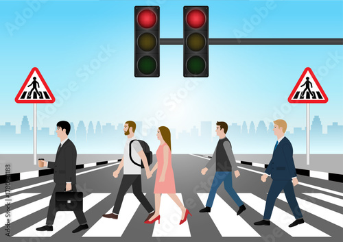 People Walking across Crosswalk in the City. Crosswalk. Pedestrian Crossing Road. Zebra Crossing. Vector Illustration. 