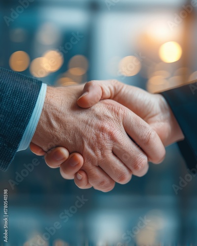 Two business professionals, one with a dark suit and the other in a light suit, are shaking hands in a modern office environment, symbolizing partnership and collaboration