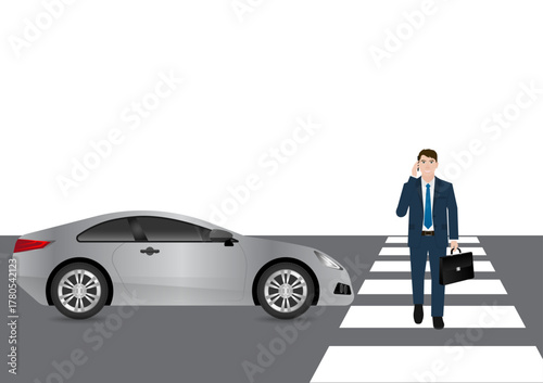 Businessman Walking across Crosswalk in the City. Crosswalk. Pedestrian Crossing Road. Zebra Crossing. Vector Illustration. 