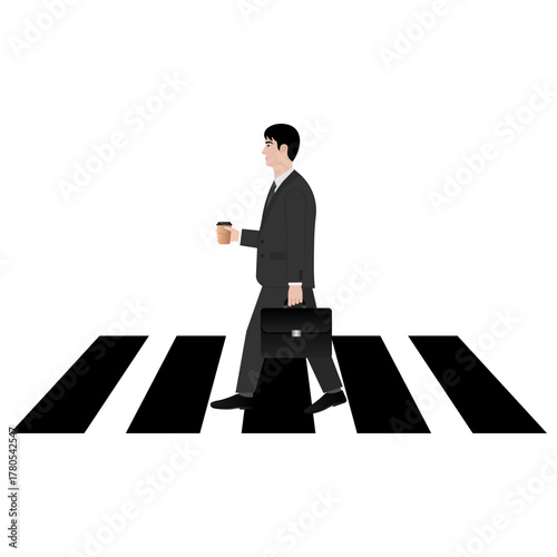 Businessman Walking across Crosswalk in the City. Crosswalk. Pedestrian Crossing Road. Zebra Crossing. Vector Illustration. 