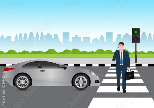 Businessman Walking across Crosswalk in the City. Crosswalk. Pedestrian Crossing Road. Zebra Crossing. Vector Illustration. 
