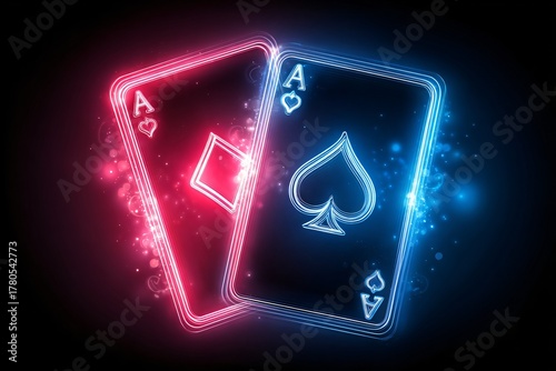 Neon aces playing cards glowing with red and blue light on a black background creating a modern design
