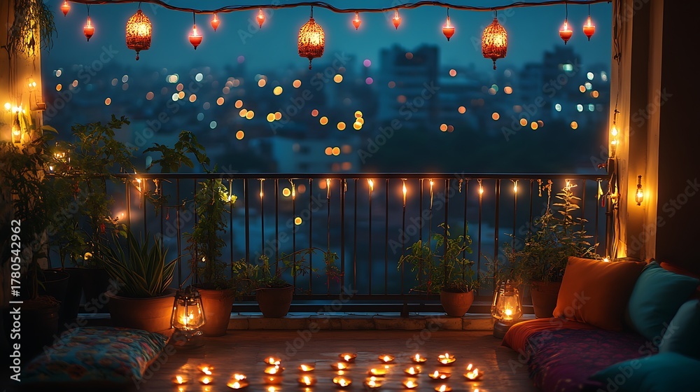 Obraz premium A night-time photograph of a balcony during Diwali, illuminated with string lights, hanging lanterns, and diyas on the railing. The background shows a distant city skyline with bokeh lights.