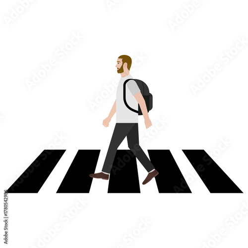 Man Walking across Crosswalk in the City. Crosswalk. Pedestrian Crossing Road. Zebra Crossing. Vector Illustration. 