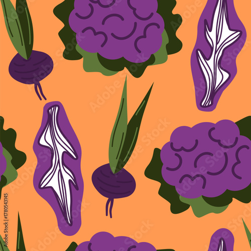 cute hand drawn purple seamless vector pattern illustration with vegetables on orange background