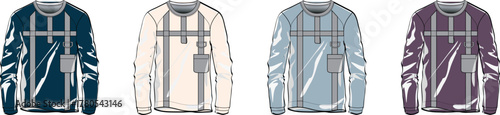 Set of fashion technical flat sketches showing a men's long sleeve crewneck sweatshirt design in various color palettes for apparel manufacturing