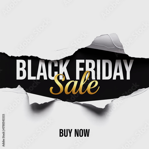 Black Friday sale torn paper layout with bold black and gold typography for social media banner