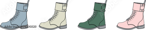 A colorful fashion footwear collection featuring four combat-style boots in various pastel hues, isolated on a white background