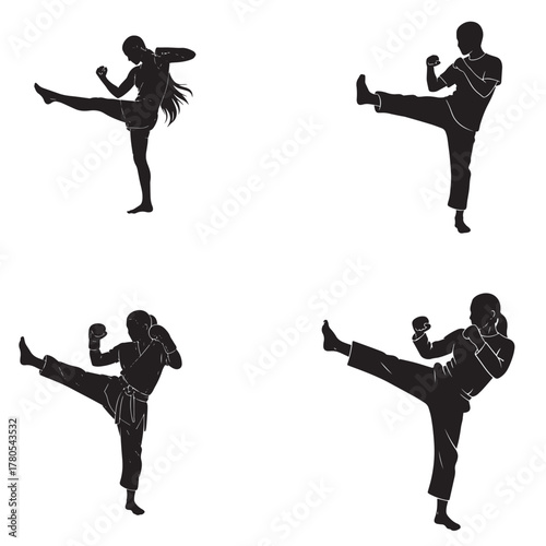 Silhouettes of Martial Artists Performing Dynamic Kicks on White Background