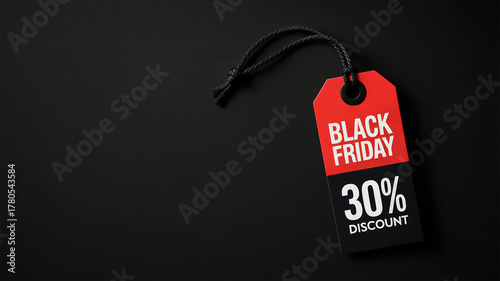 Flat lay black Friday 30% discount tag on dark background for sale banner and marketing promotion design