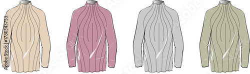 Collection of stylish long-sleeved turtleneck shirts featuring elegant ruched detailing, presented in four diverse color options for versatile apparel design and fashion inspiration
