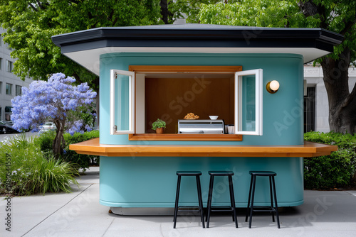 Wallpaper Mural A modern and stylish turquoise coffee kiosk with an open service window, wooden counter, and bar stools, beautifully situated in a contemporary urban park. Torontodigital.ca