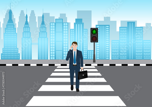 Businessman Walking across Crosswalk in the City. Crosswalk. Pedestrian Crossing Road. Zebra Crossing. Vector Illustration. 
