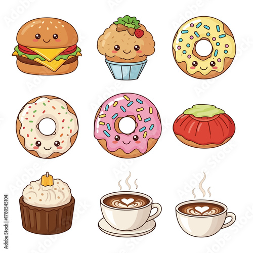 Adorable kawaii food collection featuring happy donuts, cupcakes, coffee, and burger perfect for fun designs and cheerful projects