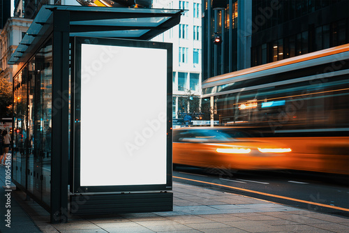 Bus stop billboard mockup with motion blur of yellow taxi for night city advertising poster and marketing template