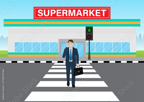 Businessman Walking across Crosswalk in the City. Crosswalk. Pedestrian Crossing Road. Zebra Crossing. Vector Illustration. 