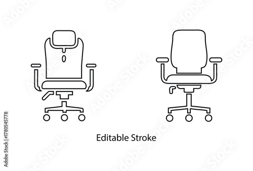 office chair with headrest, armrests editable stroke vector line icon, modern office chair vector illustration