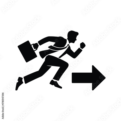 Silhouette of a businessman running forward with a briefcase and arrow