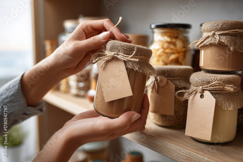 A person's hands tying a brown kraft paper label onto a glass jar filled with sauce or spread stored on a wooden pantry shelf suggesting homemade food, canning, and kitchen organization