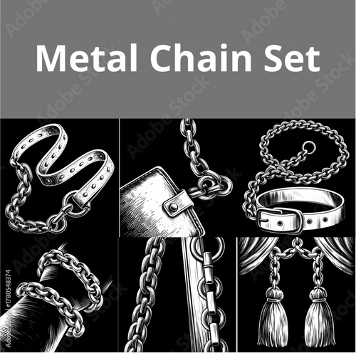 Metal chain set illustrations in black and white design concept  