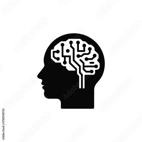 Silhouette of a human head with a circuit board brain inside