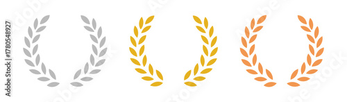 Gold, silver, bronze laurel wreath award set on transparent background
