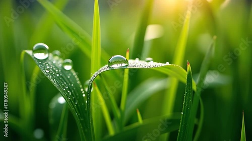 Dew drops glistening on green grass blade, crystal clear water droplets on vibrant lush foliage in early morning light. Concept of environmental awareness, gardening supplies, wellness products