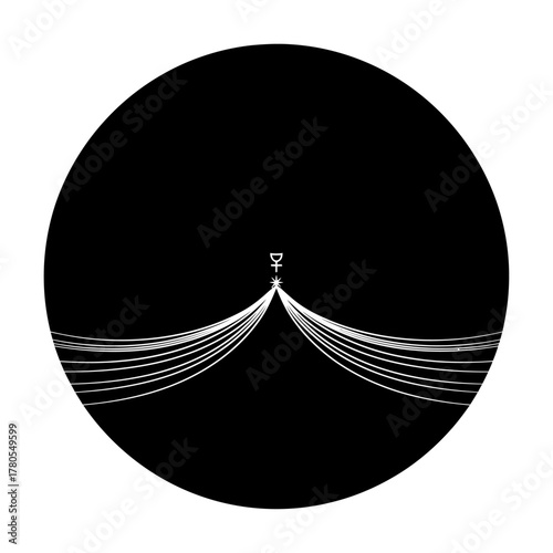 Mystical symbol radiates energy lines forming abstract cosmic pattern against deep black void, representing universal connection and spiritual awakening.