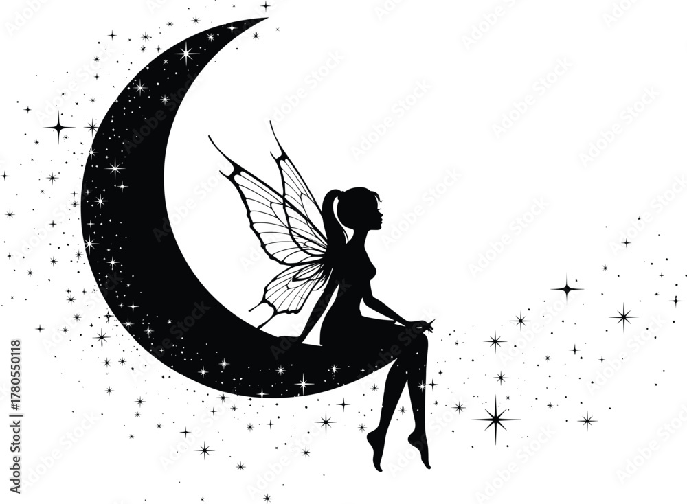 Fototapeta premium Fairy sitting on crescent moon silhouette vector—ornate wings, starry sky, magical pose for fantasy, celestial, and story themes