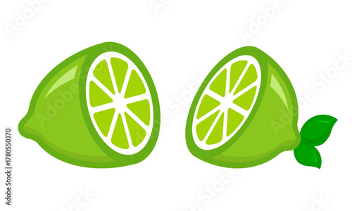 Lime halves with green leaves. Symbol of freshness, health, and natural lifestyle. Perfect for food, drink, skincare, eco, and summer. Bright, tropical juicy citrus with vitamin C. Vector illustration