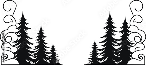 Symmetrical pine forest silhouette vector—stylized trees with swirling flourishes for nature, seasonal, and decorative design themes