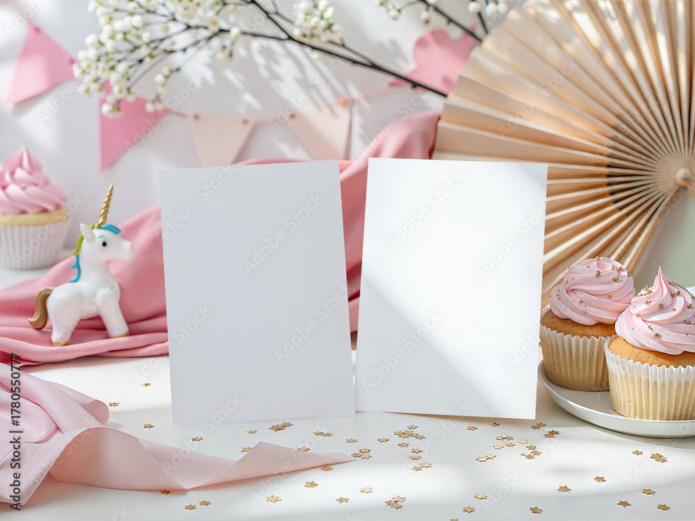 Fototapeta premium Unicorn Birthday Invitation Card Mockup with Cupcakes and Pink Decor