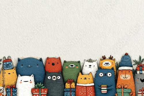 Cute group of colorful cartoon animals with Christmas gifts and winter clothes on textured background with blank space above Generative AI
