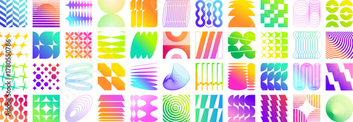 Brutalist y2k shape collection with vibrant gradient abstract elements and geometric icons. Colorful retro modern forms in bold hues for contemporary graphic projects and trendy design compositions.