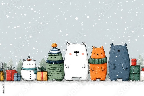 Adorable cartoon bears in winter clothes standing in snow with Christmas gifts and snowfall on a forest background Generative AI