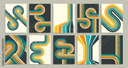 Retro 80s background poster set with curve line pattern design and vintage colors stripes. Geometric abstract compositions with flowing shapes for nostalgic graphic projects or decorative wall art.