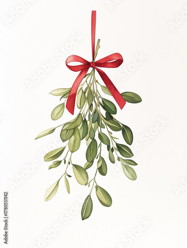 Watercolor Mistletoe Branch with Red Bow Hanging on White Background – Traditional Christmas Botanical Illustration